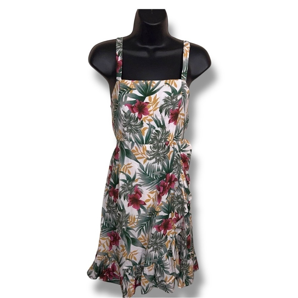 Small Kori Tropical Floral Hawaiian Dress Sleeveless Green Burgundy Ruffle